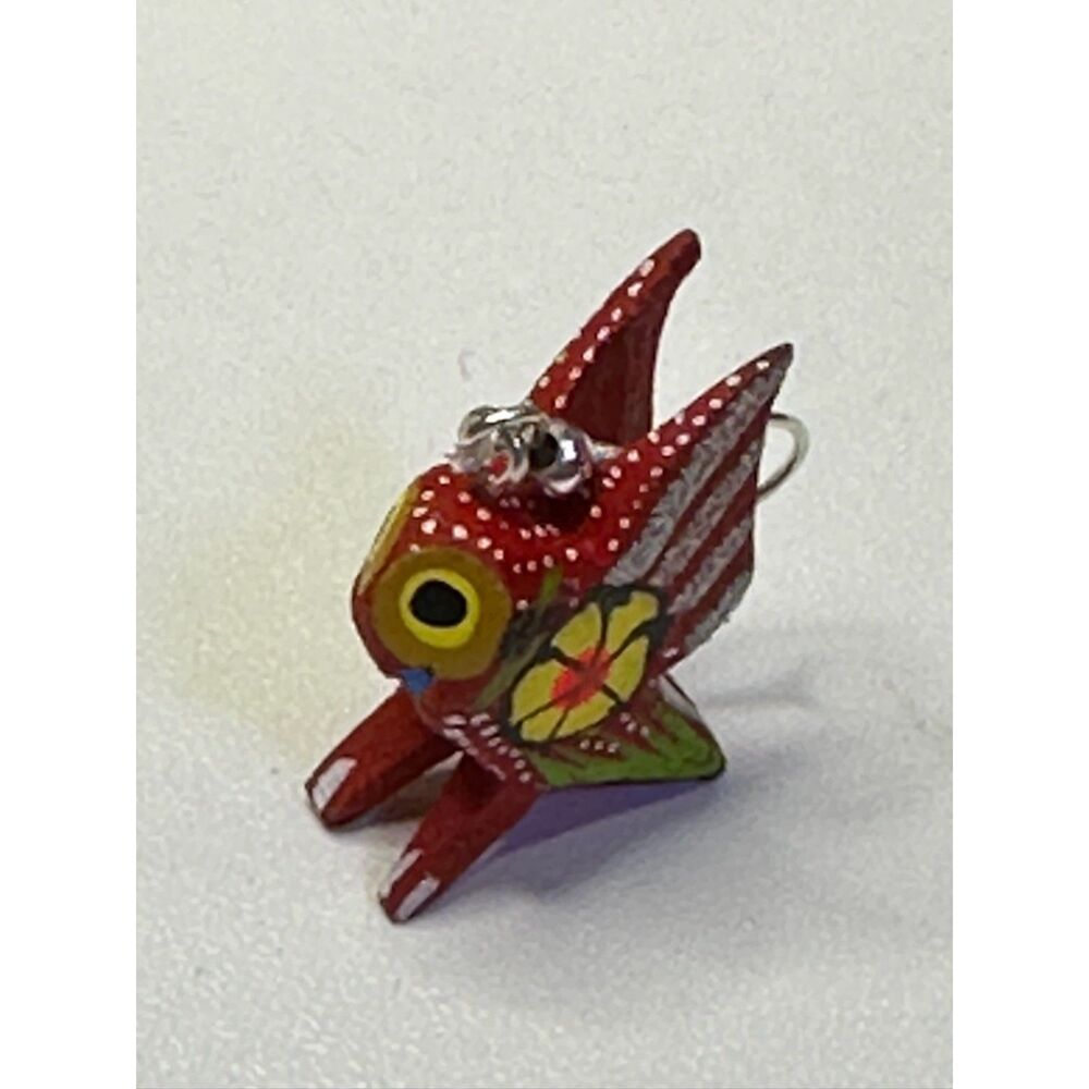 Red Bird Alebrije Earrings Hand Carved Painted Wood Oaxaca Mexican Folk Art Boho